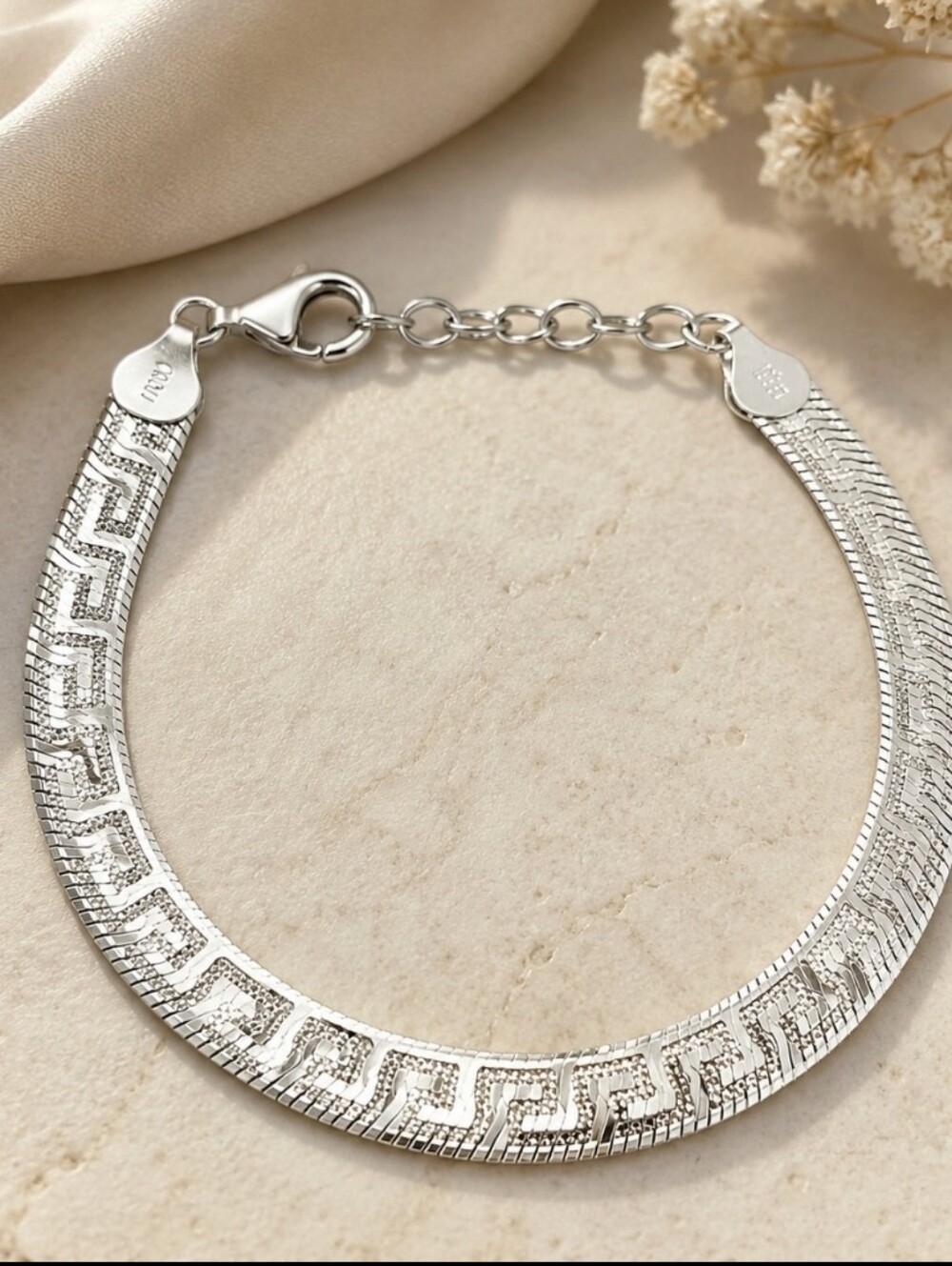 Sterling Silver Reversible Greek Key Herringbone Chain Bracelet (Never Worn)